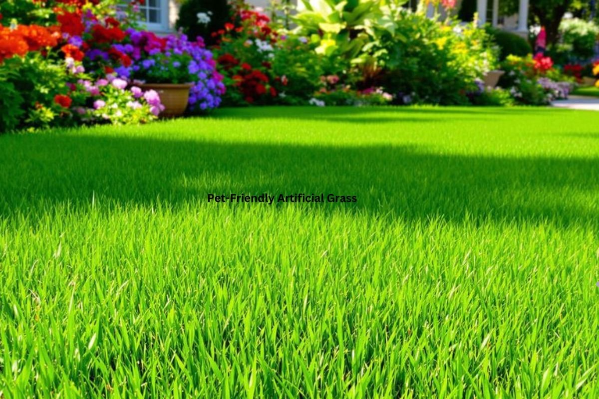A vibrant lawn featuring lush green grass with colorful flowers blooming in the background.