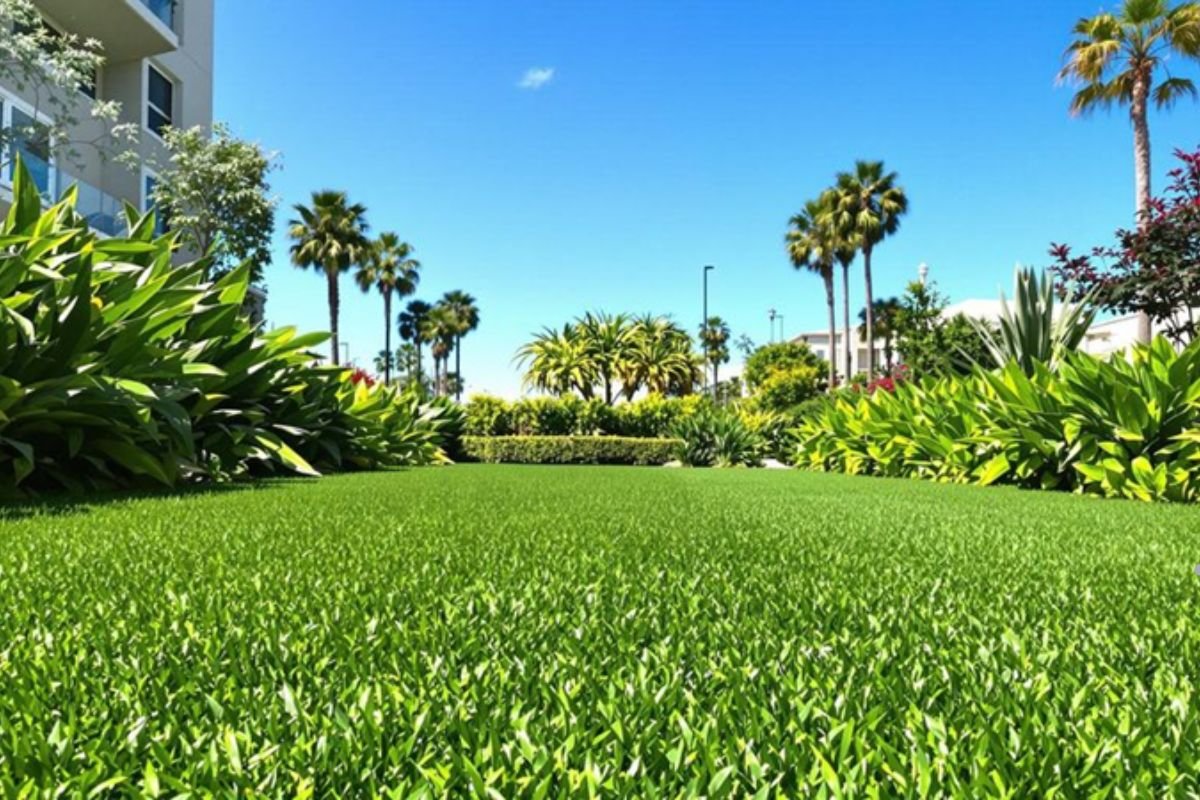 Artificial grass set within a vibrant green lawn, showcasing a well-maintained outdoor space by a professional lawn service.