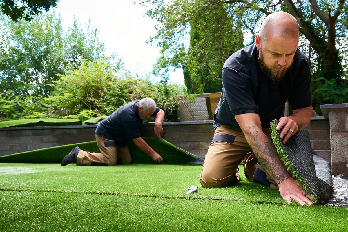 Two men installing artificial grass in a garden as part of a professional lawn care service.